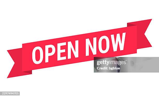 open now - red banner on white background - now open stock illustrations