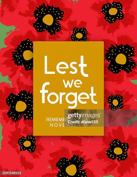 remembrance day banner with hand painted poppies and text - lest we forget poppy stock illustrations