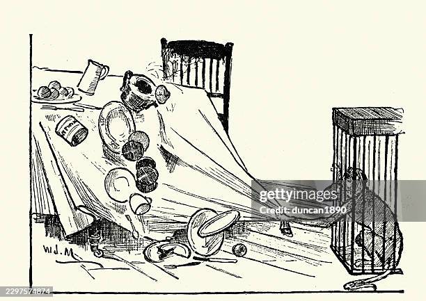 pet monkey pulling on tablecloth breaking crockery victorian, vintage illustration 19th century 1880s - pulling tablecloth stock illustrations