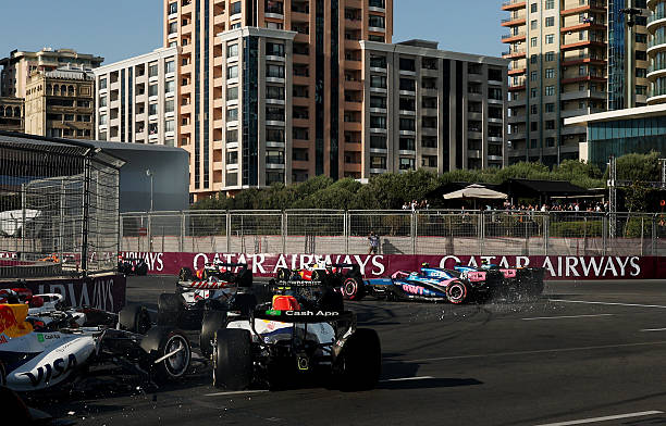 Franco Colapinto of Argentina driving the Alpine F1 A526 Mercedes and Pierre Gasly of France driving the Alpine F1 A526 Mercedes collide at the...
