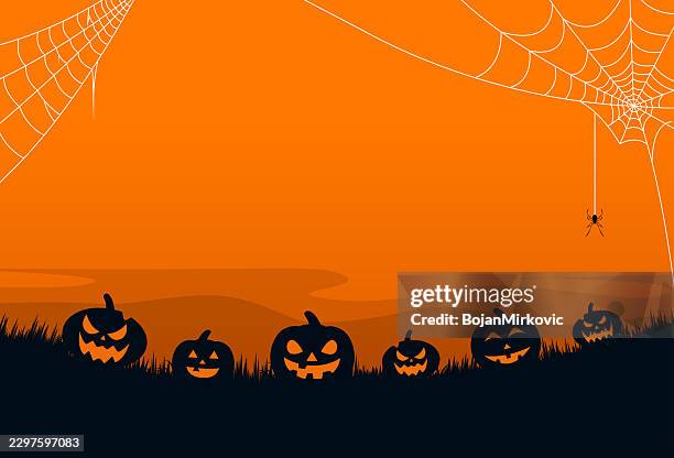 halloween background with jack o' lantern, cobweb and spider. vector - graveyard background stock illustrations