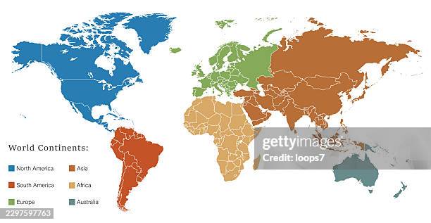 world map with continents color coded and legend - flat globe map with countries stock illustrations