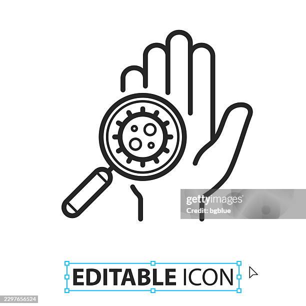 hand contaminated with coronavirus - line editable icon on white background - skin under microscope stock illustrations