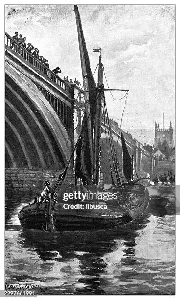 ship under bridge with onlookers - building decking stock illustrations