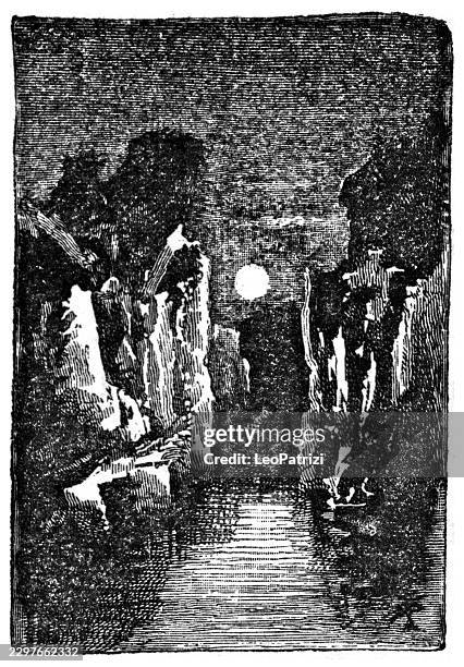 moonlit path between jagged rock formations near jubbulpore - playing marbles stock illustrations
