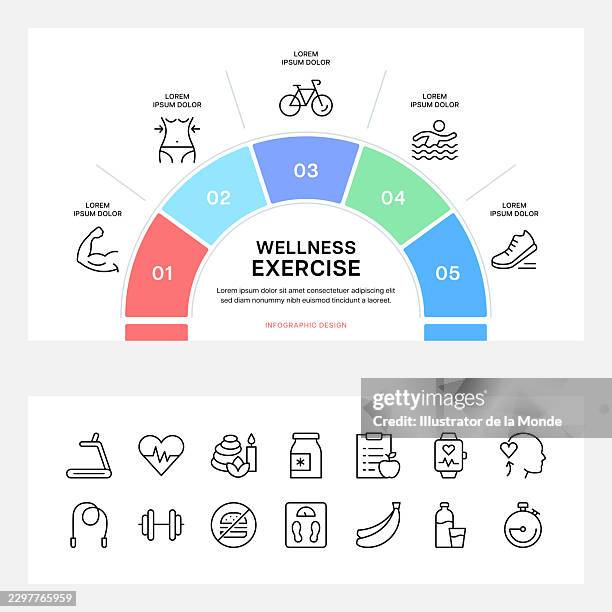 wellness exercise infographic and line icon set - activity tracker stock illustrations