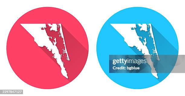 currituck county, north carolina map. round icon with long shadow on red or blue background - outer banks stock illustrations