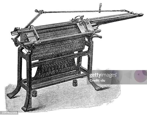 grosser’s hand-operated pattern knitting machine — flat knitting machine with long needle bed and carriage for producing patterned knitted fabric - loom stock illustrations