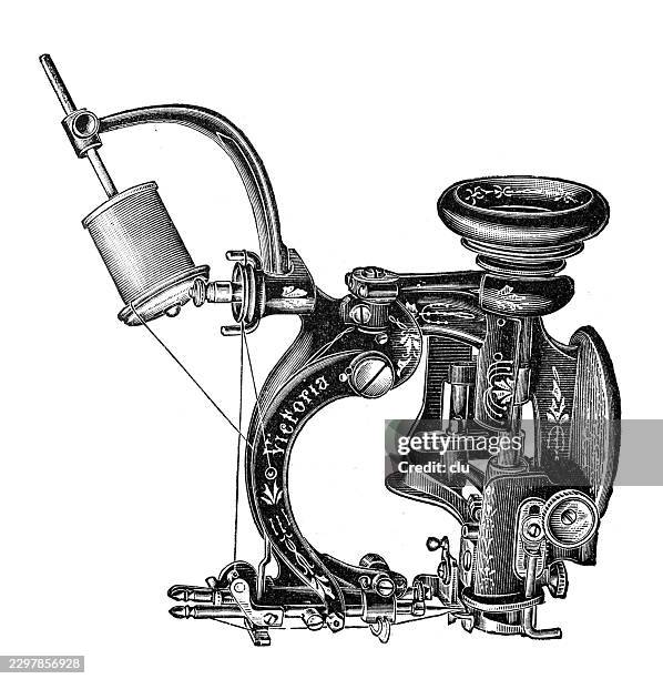 böttcher's straw hat sewing machine — specialized compact sewing machine with thread spool and curved frame for manufacturing straw hats - straw hat stock illustrations