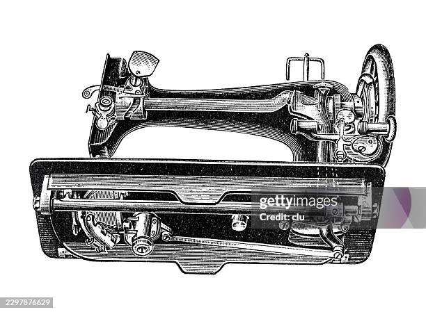 peritas curved long-shuttle sewing machine — industrial sewing machine with long arm, exposed shuttle mechanism and large side handwheel - sewing machine white background stock illustrations