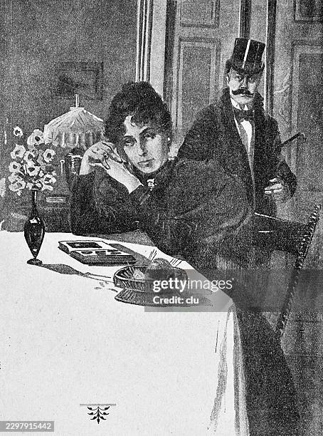 sad wife sitting alone at the dining table — in the background her elegantly dressed pleasure-seeking husband leaves the house again wearing a top hat and carrying a walking stick - husband leaving stock illustrations