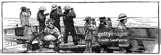 men on a ship deck using binoculars to scan the horizon - decking stock illustrations