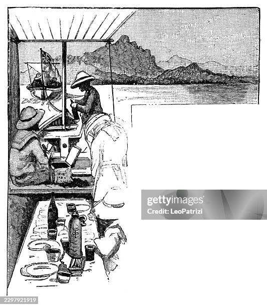 two men dining aboard a boat near mountains - indoor dining stock illustrations