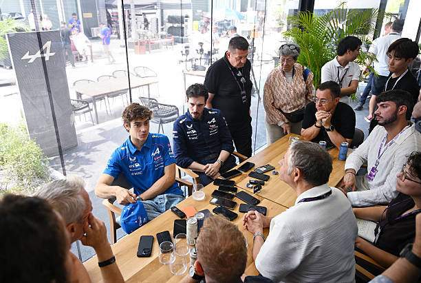 Franco Colapinto of Argentina and Alpine F1 talks to the media during previews ahead of the F1 Grand Prix of Bahrain in Malaysia at Sepang Circuit on...