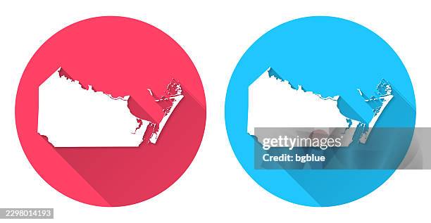 nueces county, texas map. round icon with long shadow on red or blue background - corpus christi stock illustrations