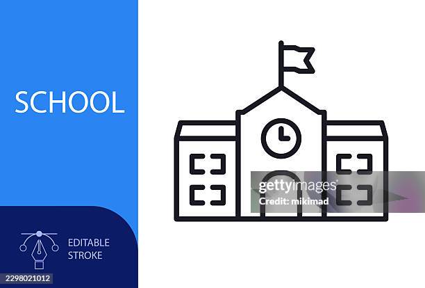 school icon – editable stroke vector showing building with clock and flag representing education, learning, academia and knowledge concepts. vector illustration. eps10 - elementary school library stock illustrations