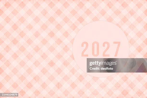 old faded retro vintage light beige peach colored soft pastel slanted checked pattern textured horizontal vector backgrounds like gingham kitchen tablecloth or picnic blanket napkin with encircled text 2027 label sticker for happy new year calendar poster - picnic table background stock illustrations