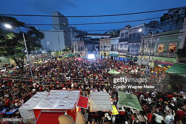 Supporters of incumbent president of Brazil and presidential candidate Luiz Inácio Lula Da Silva wait for the vote count news on a big screen in...
