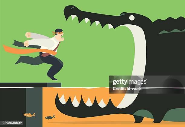 blindfolded businessman sprinting toward gigantic crocodile - blindfold eating stock illustrations