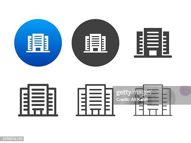 office building icons. editable stroke. line and glyph solid style series icons - piling construction stock illustrations