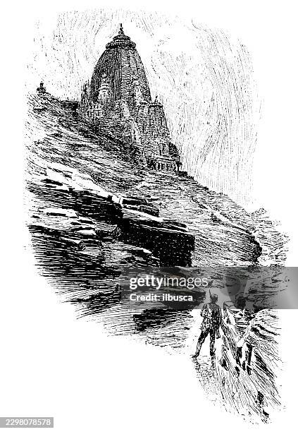 temple on hillside with approaching figures - madhya pradesh stock illustrations