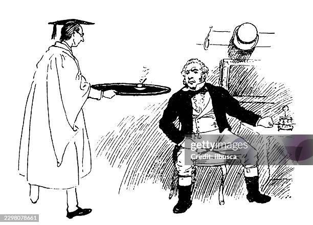 scholar serving literary figure - dark serving platter stock illustrations