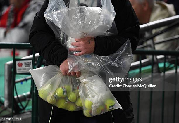 Detailed view of the tennis balls with Palestine flags on them which were collected by security staff after being thrown onto the pitch by Republic...
