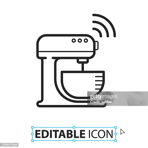 smart stand mixer - line editable icon on white background - whisking batter stock illustrations