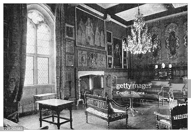 queen elizabeth's room interior - hanging curtains stock illustrations