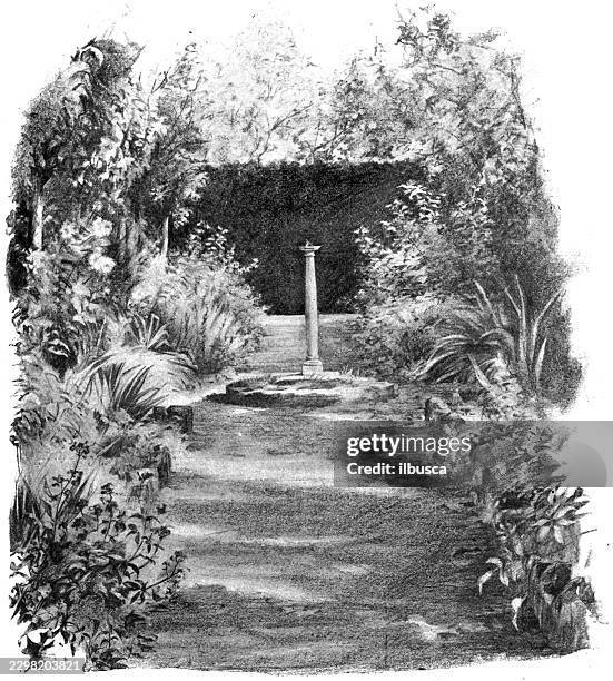 garden sundial at penshurst - garden path stock illustrations
