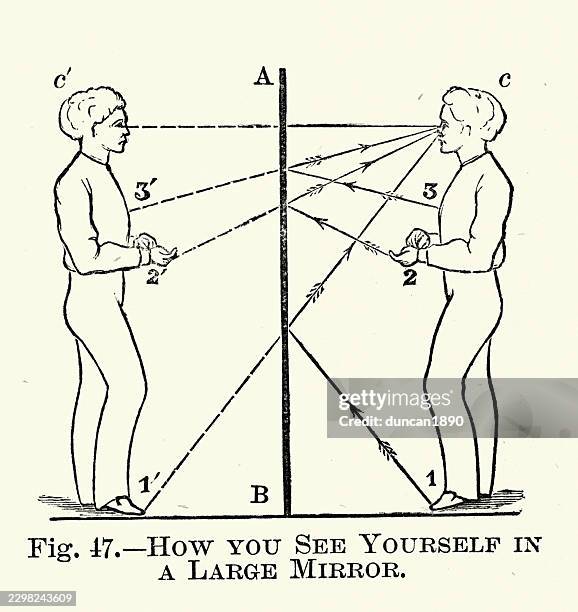 history, science, reflection, vision, how you see yourself in a large mirror, vintage illustration 19th century - full length mirror stock illustrations