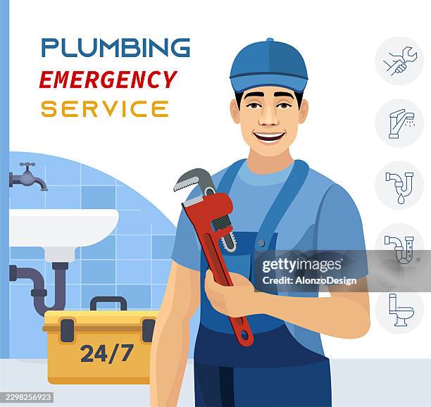 plumber emergency service vector character banner with tools and bathroom sink - bathroom shower repair stock illustrations