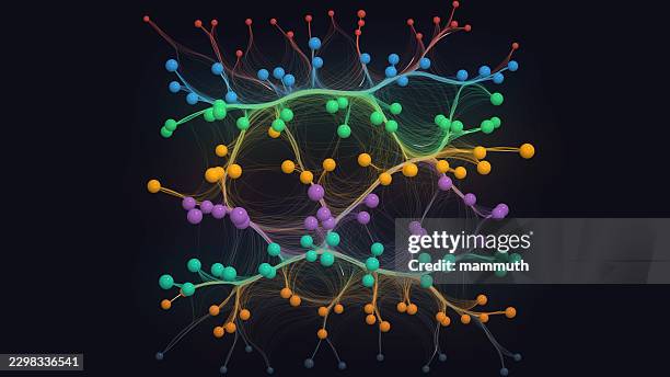 data network nodes connecting, abstract digital matrix graphic, colorful technology visual concept - clouds black background stock illustrations