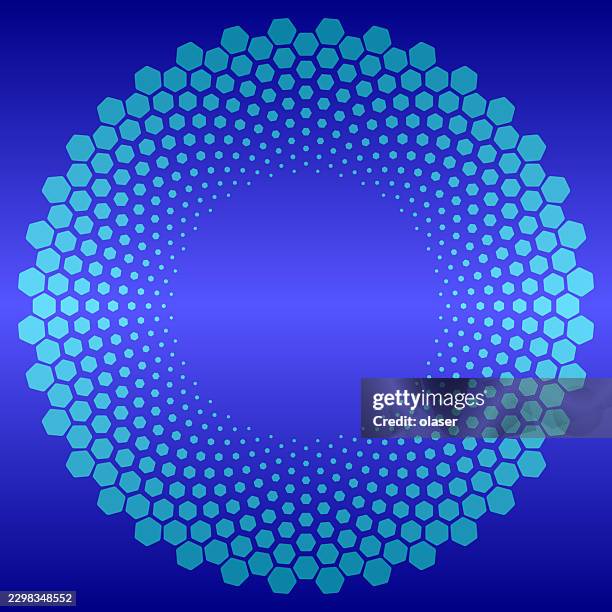 blue gradient background with a circular ring of turquoise hexagons forming a decorative geometric frame around an empty center. - digital twin stock illustrations