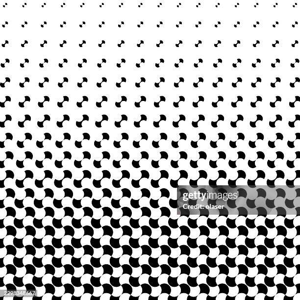 black and white repeating curved pattern transitions from sparse dots at the top to dense interlocking circles below, creating a graphic optical effect. - surface tension stock illustrations