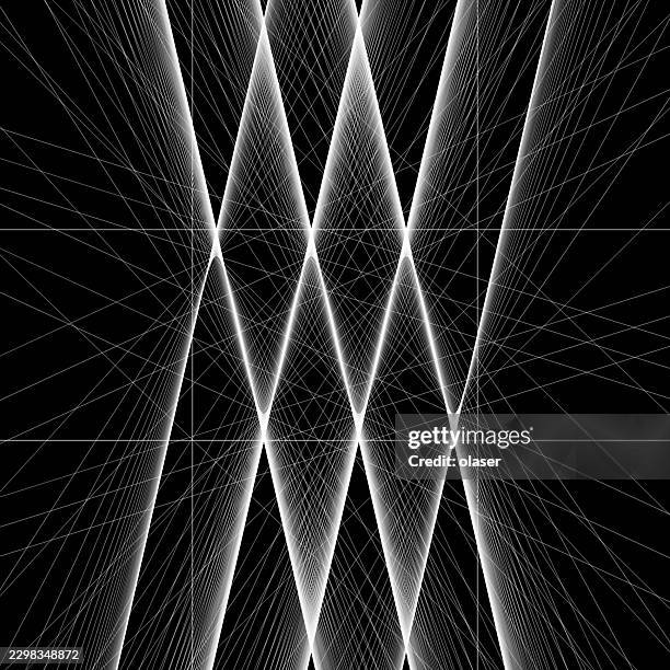 white intersecting diagonal light lines form a geometric lattice on a black background, creating a sharp high-contrast pattern with a sense of symmetry and depth. - cad architecture stock illustrations