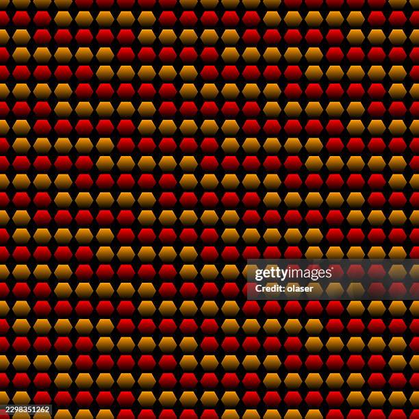repeating rows of glowing red and gold hexagonal shapes form a dense geometric pattern on a black background with a rhythmic, tiled appearance. - stone floor pattern stock illustrations