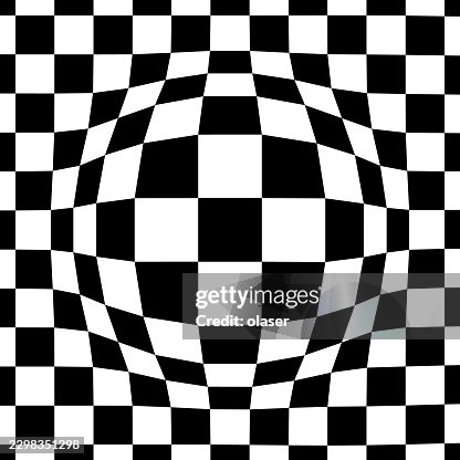 Black and white checkerboard pattern with a bulging circular distortion, creating a warped optical illusion across a tiled background. Black and white checkerboard pattern with a bulging circular distortion, creating a warped optical illusion across a tiled background.