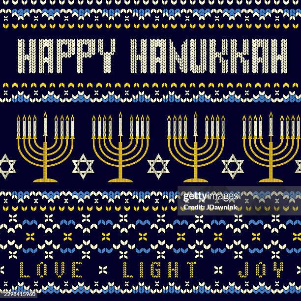 happy hanukkah knitted sweater seamless pattern background - candlelight texture stock illustrations