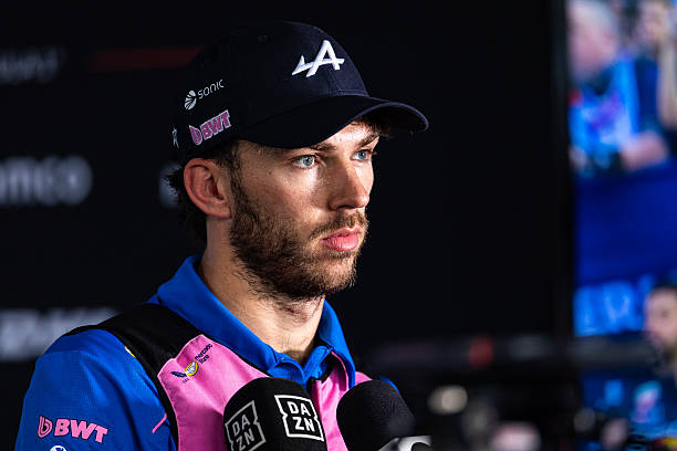Pierre Gasly of France and Alpine F1 Team answers questions in the TV media pen during the F1 Grand Prix of Bahrain in Malaysia at Sepang Circuit on...