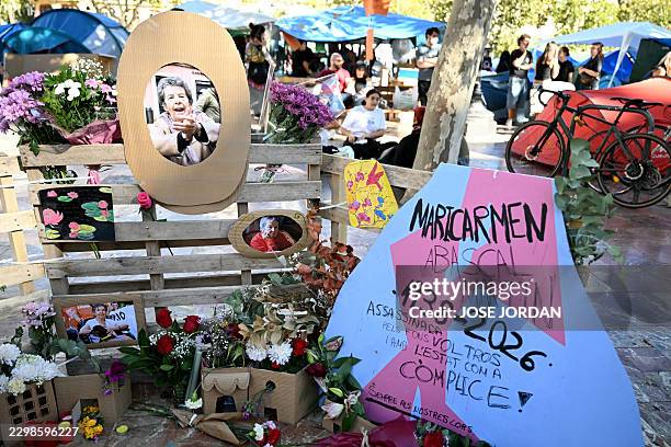 Memorial dedicated to 87-year-old pensioner Maricarmen Abascal, whose eviction sparked protests over Spain's housing crisis, is seen at a housing...