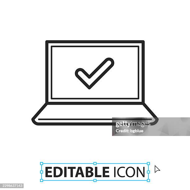 laptop with check mark - line editable icon on white background - behind computer screen stock illustrations