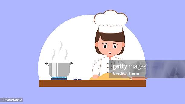 chef standing and cooking in the kitchen - man cutting vegetables stock illustrations