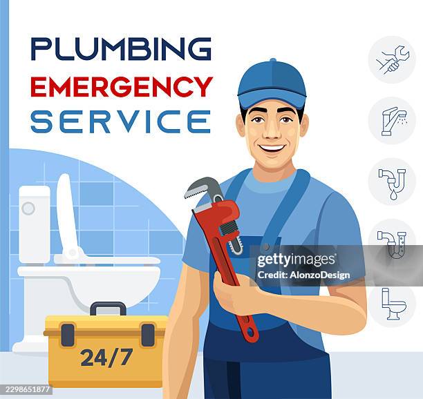 plumber emergency service vector character banner with toilet and tools - bathroom shower repair stock illustrations