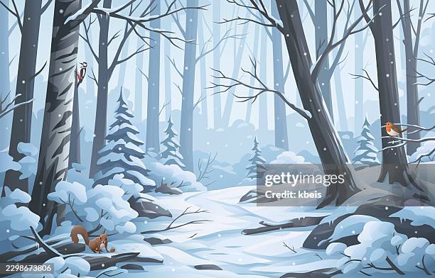 snowy winter forest vector background - forest floor stock illustrations