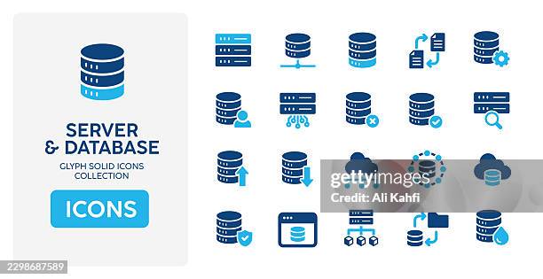 server and database glyph solid icons. glyph solid icons collection. vector illustration. perfect pixel on clean white background - application programming interface stock illustrations