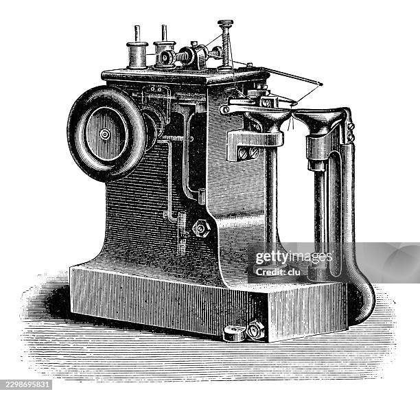 glove sewing machine — compact mechanical specialty sewing machine with narrow sewing arm, thread spools and handwheel for stitching fine gloves - leather gloves stock illustrations