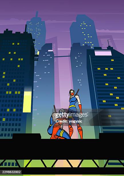 futuristic cyberpunk ninjas overlooking neon cityscape vector stock vector illustration - samurai stock illustrations