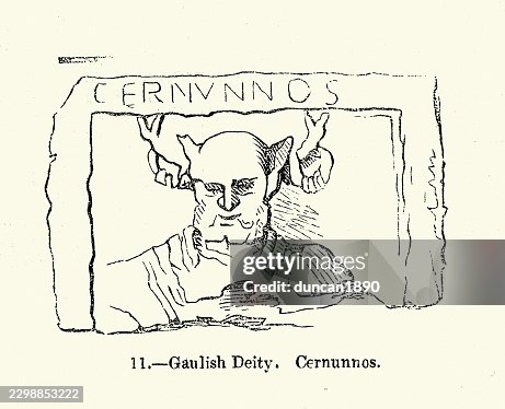 Cernunnos is a Celtic god whose name is only clearly attested once, on the 1st-century CE Pillar of the Boatmen from Paris, where it is identified with an image of an aged, antlered figure with torcs around his horns, vintage illustration Cernunnos is a Celtic god whose name is only clearly attested once, on the 1st-century CE Pillar of the Boatmen from Paris, where it is identified with an image of an aged, antlered figure with torcs around his horns, vintage illustration