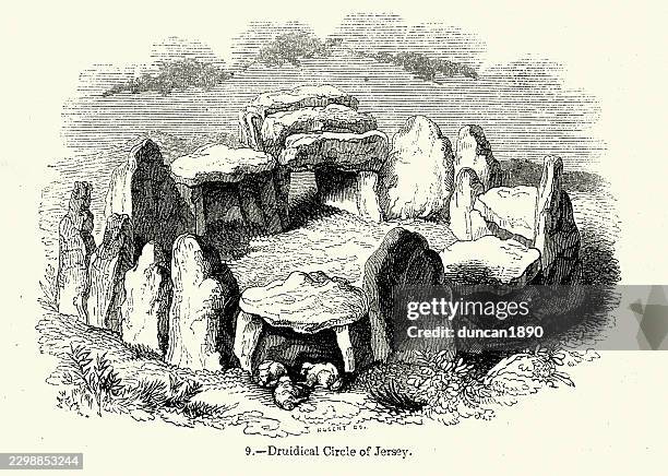 ancient stone circle, dolmen, on jersey, vintage illustration - dolmen stock illustrations